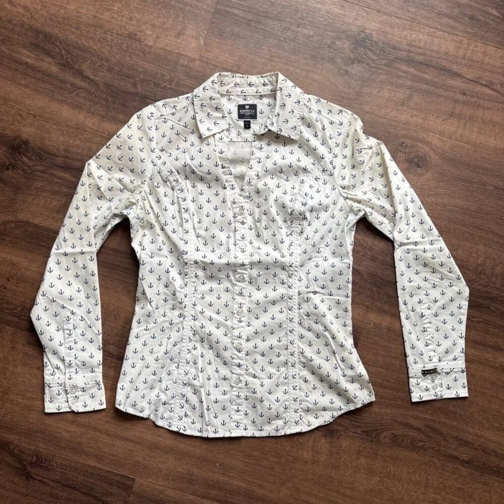 Women’s Express Nautical Anchor Print Long Sleeve Button-Up Cotton Shirt Size S